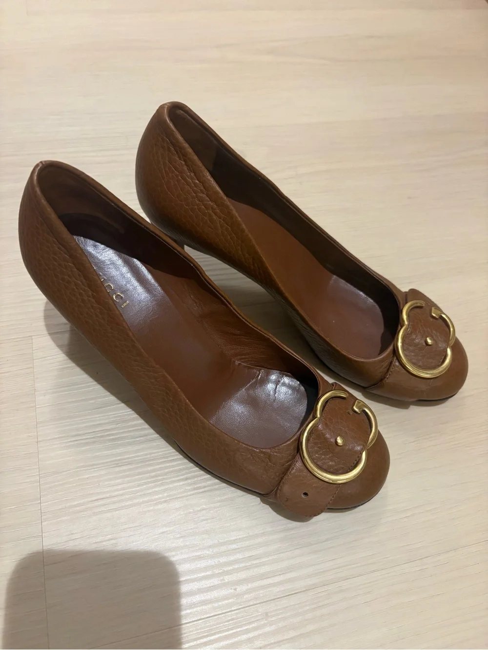 Gucci Tan Leather Heels with Gold Buckle Detail